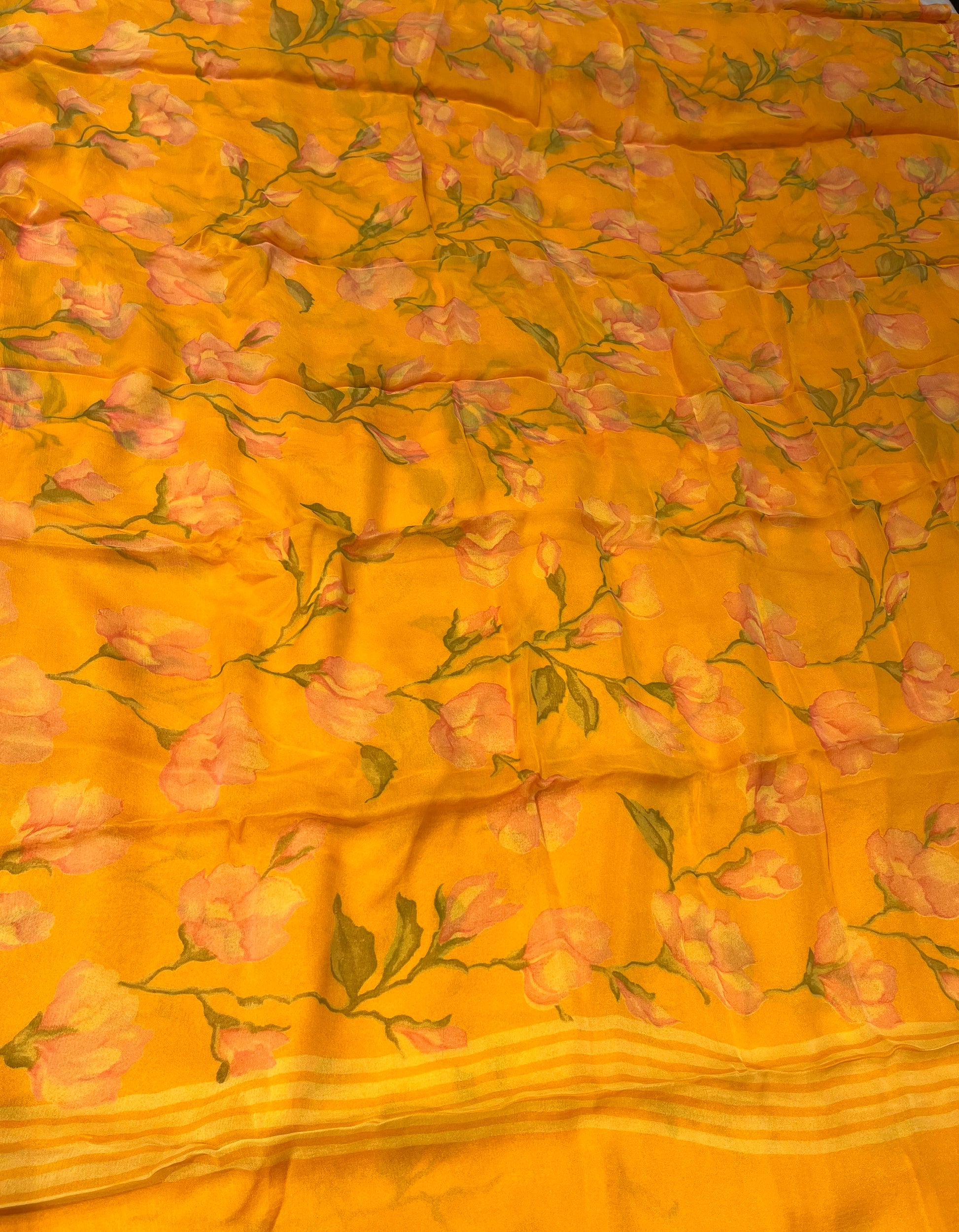 MUSTARD COLOUR PRINTED CHIFFON SAREE (30gm) ( DELIVERY IN 15-20 DAYS ) - Kothari Sons
