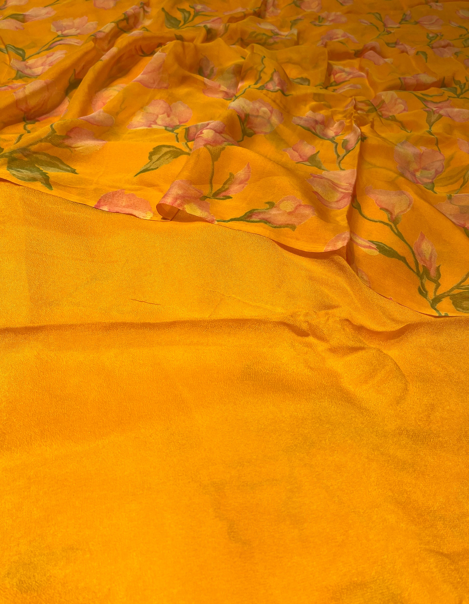 MUSTARD COLOUR PRINTED CHIFFON SAREE (30gm) ( DELIVERY IN 15-20 DAYS ) - Kothari Sons