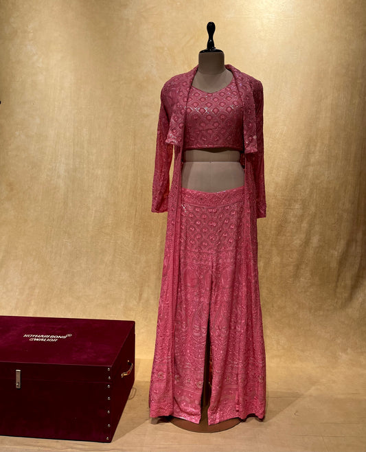 WEDDING SPECIAL GAJARI COLOR GEORGETTE CHIKENKARI INDOWESTERN EMBROIDERED DRESS PALAZZO PANT WITH CROP TOP BLOUSE & SHRUG