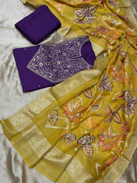 ( DELIVERY IN 25 DAYS ) PURPLE COLOUR SILK UNSTITCHED SUIT WITH ORGANZA DUPATTA EMBELLISHED WITH KASAB EMBROIDERY