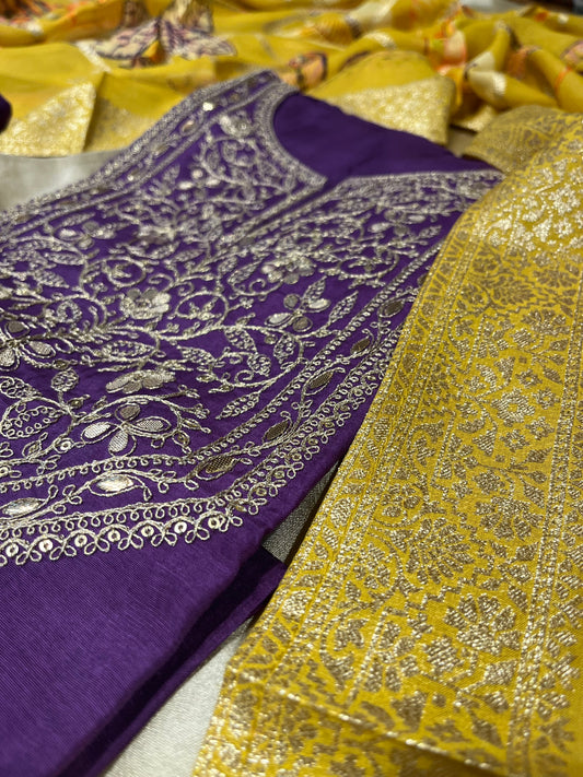 PURPLE COLOUR SILK UNSTITCHED SUIT WITH ORGANZA DUPATTA EMBELLISHED WITH KASAB EMBROIDERY