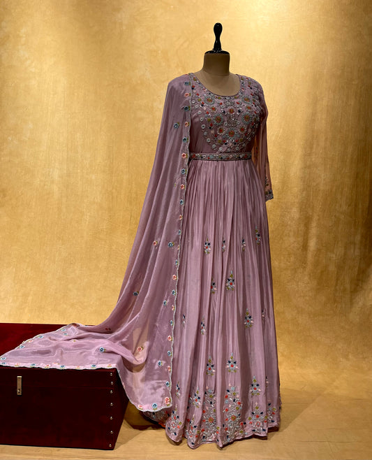 ( DELIVERY IN 25 DAYS ) LAVENDER COLOR FULL FLOOR LENGTH CHINON ANARKALI SUIT WITH DUPATTA, EMBELLISHED WITH RESHAM & CUTDANA WORK