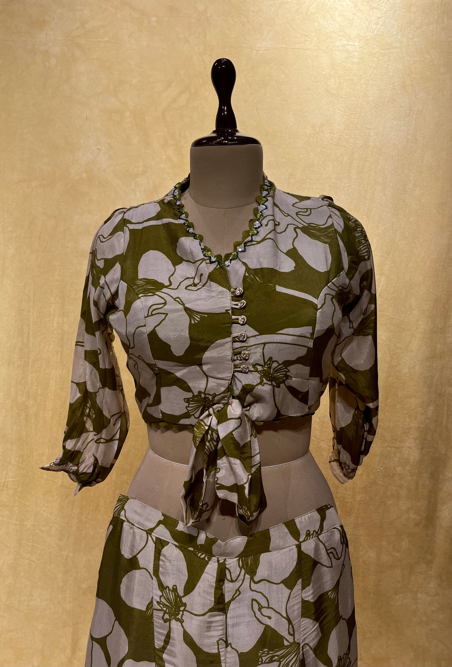 OLIVE GREEN COLOUR CREPE SILK PALAZZO HIGH WAIST PANT WITH CROP TOP EMBELLISHED WITH CUTDANA WORK