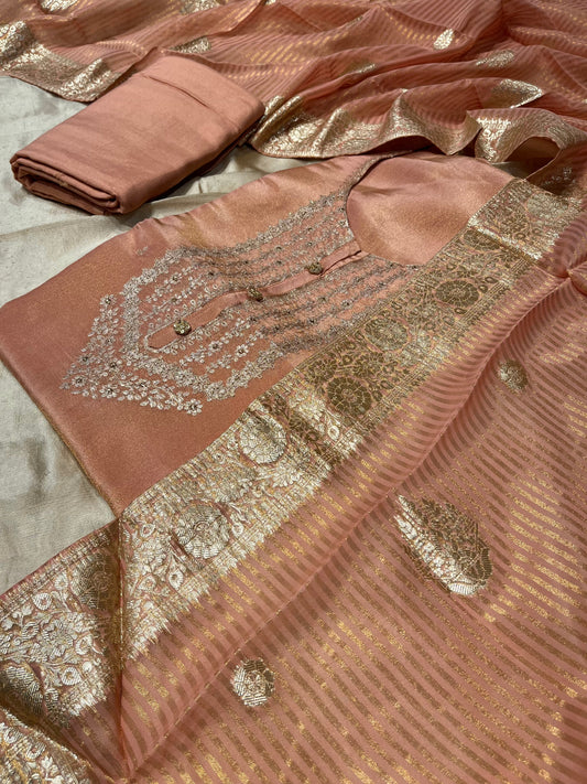 PEACH COLOUR CREPE TISSUE UNSTITCHED SUIT WITH ORGANZA DUPATTA EMBELLISHED WITH KASAB EMBROIDERY