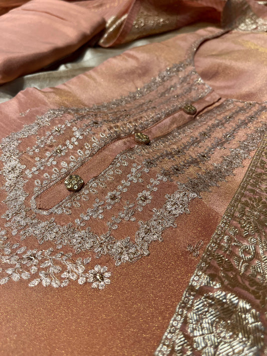PEACH COLOUR CREPE TISSUE UNSTITCHED SUIT WITH ORGANZA DUPATTA EMBELLISHED WITH KASAB EMBROIDERY