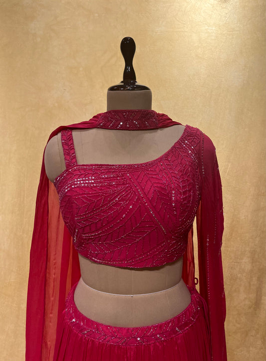 HOT PINK COLOR CHINON SKIRT WITH EMBROIDERED CROP TOP BLOUSE EMBELLISHED WITH CUTDANA & SEQUINS WORK