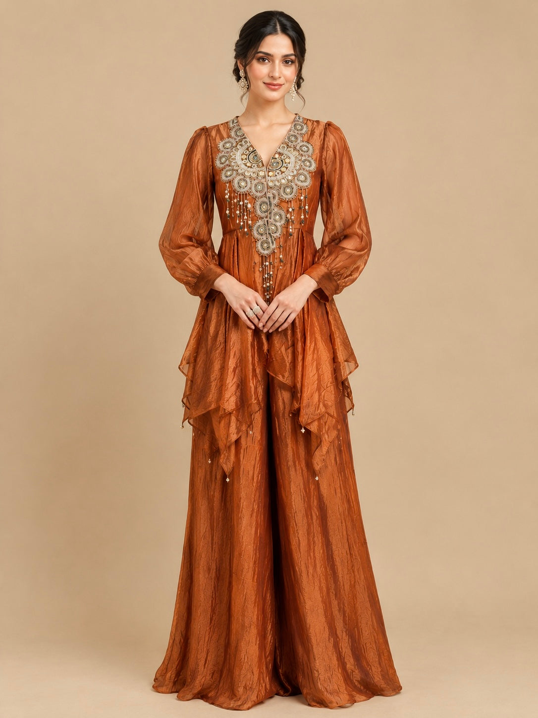 RUST COLOUR TISSUE INDOWESTERN DRESS EMBELLISHED WITH BEADS & ZARDOZI WORK