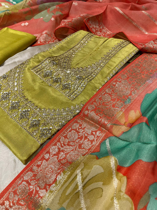 GREEN COLOUR CREPE TISSUE UNSTITCHED SUIT WITH ORGANZA DUPATTA EMBELLISHED WITH ZARDOZI & SEQUINS WORK