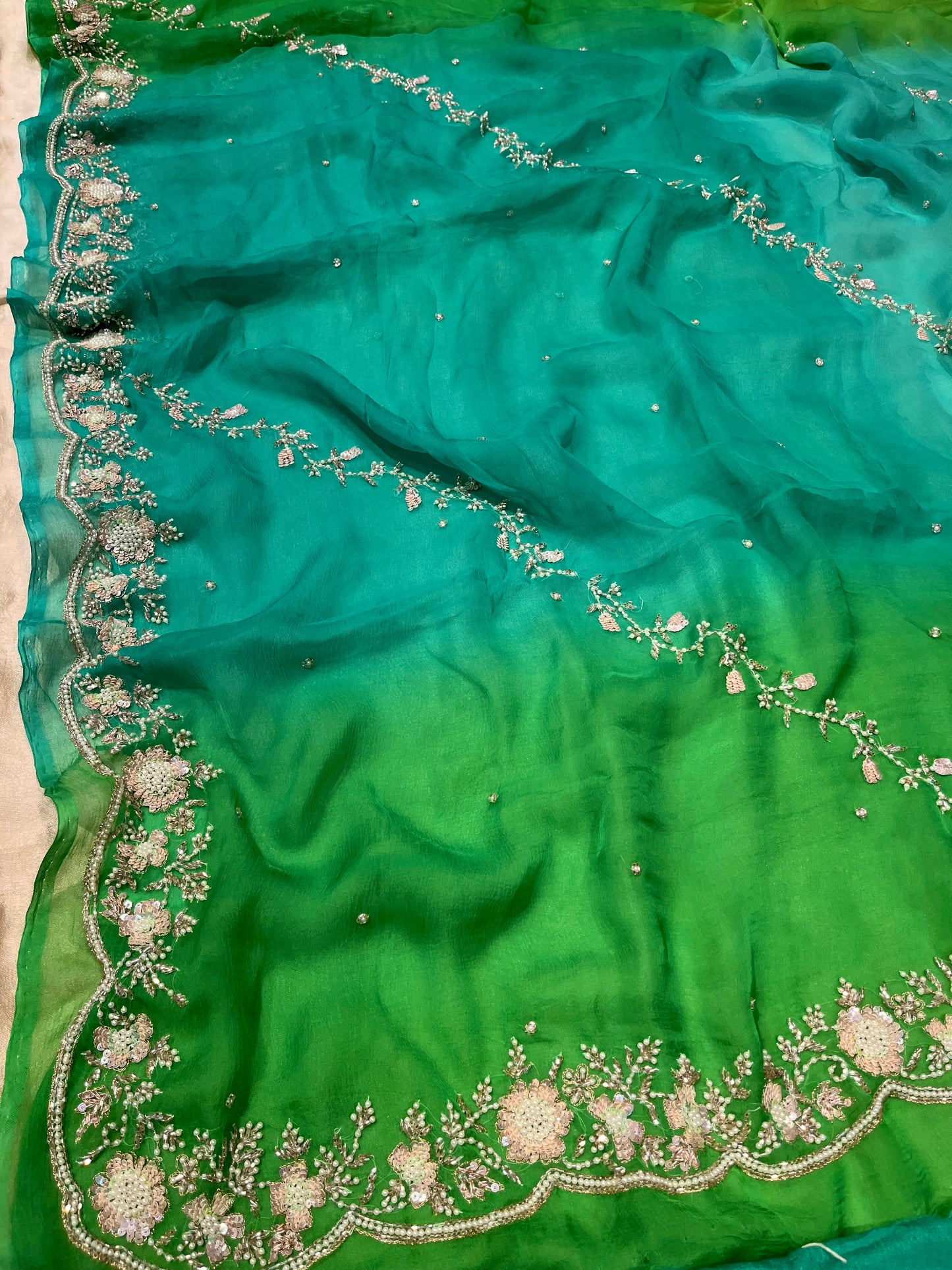 SHADED CHIFFON HAND EMBROIDERED SAREE EMBELLISHED WITH SEQUINS, CUTDANA & PEARL WORK