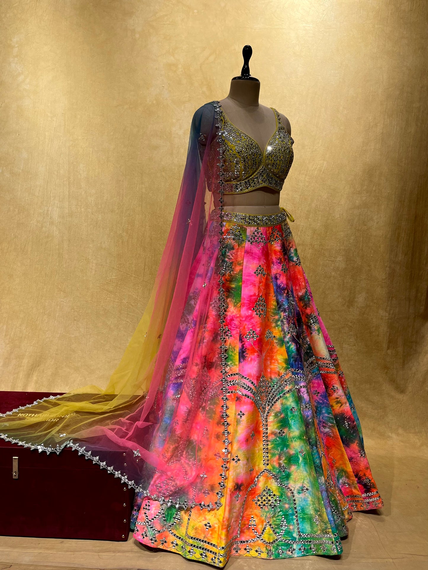 MULTI COLOR SILK MIRROR WORK LEHENGA WITH READYMADE CROP TOP BLOUSE EMBELLISHED WITH SEQUINS WORK
