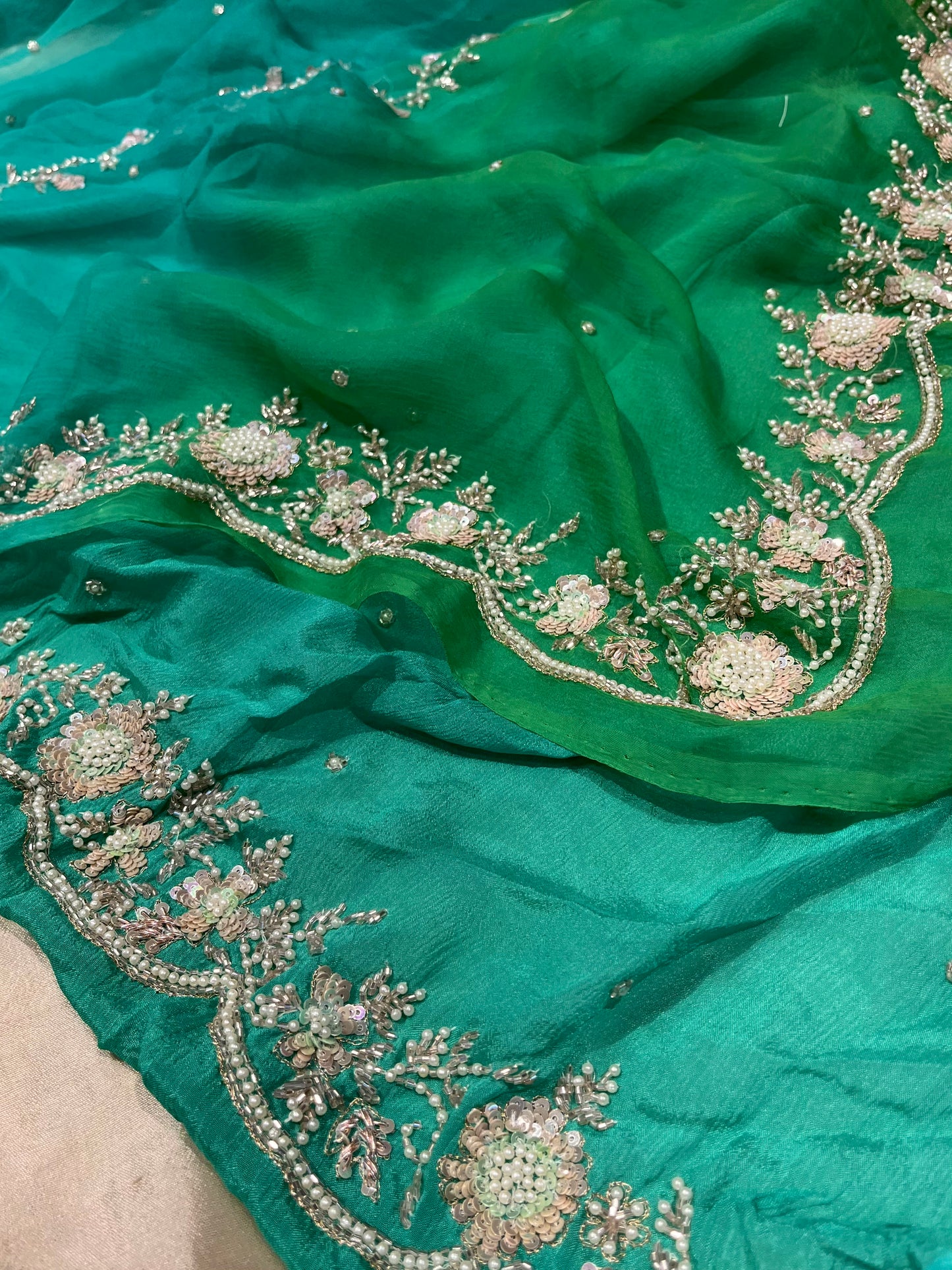 SHADED CHIFFON HAND EMBROIDERED SAREE EMBELLISHED WITH SEQUINS, CUTDANA & PEARL WORK