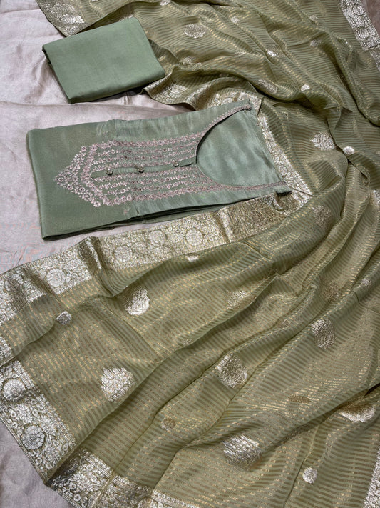 PISTA COLOUR CREPE TISSUE UNSTITCHED SUIT WITH ORGANZA DUPATTA EMBELLISHED WITH KASAB EMBROIDERY