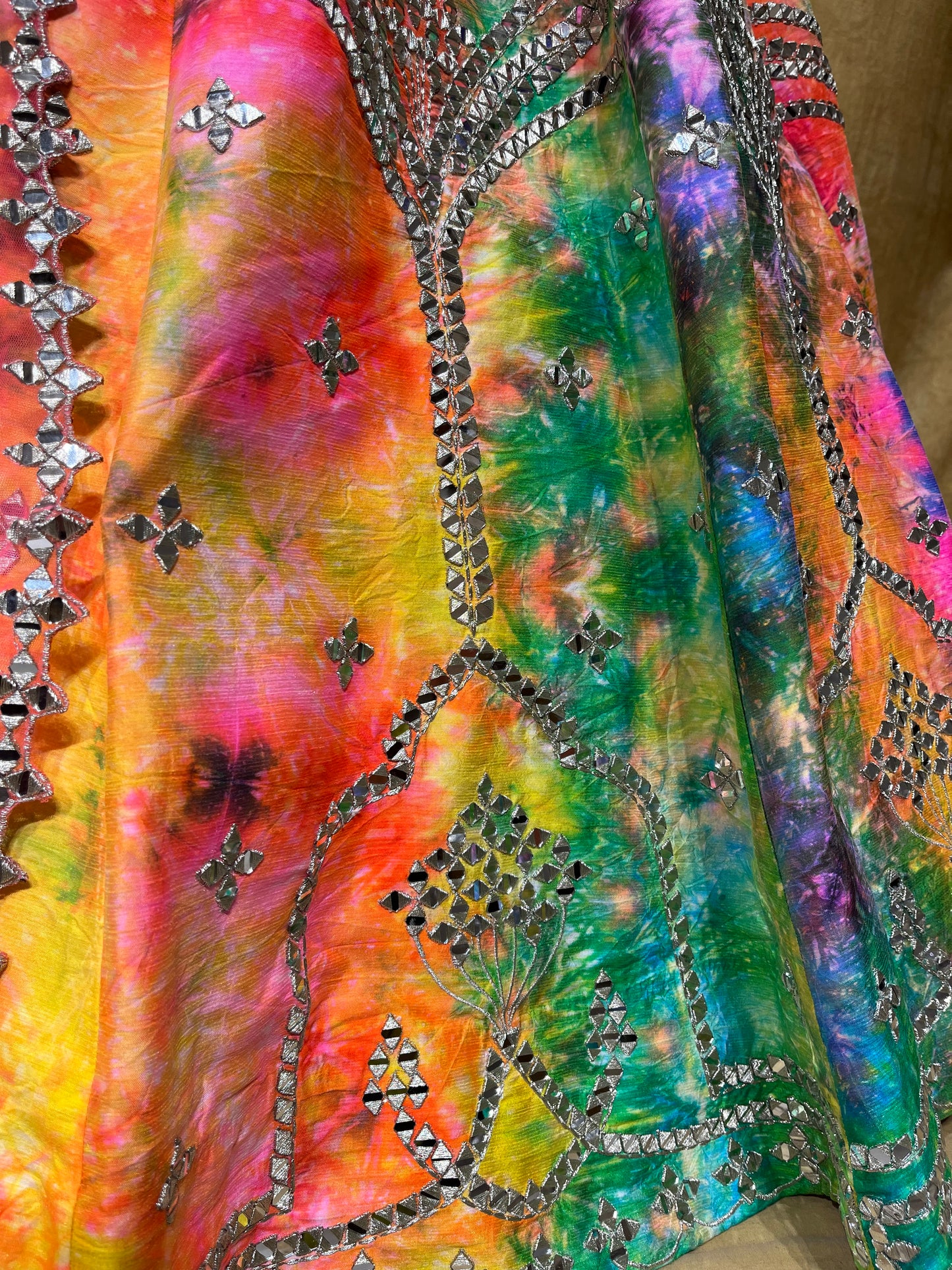 MULTI COLOR SILK MIRROR WORK LEHENGA WITH READYMADE CROP TOP BLOUSE EMBELLISHED WITH SEQUINS WORK