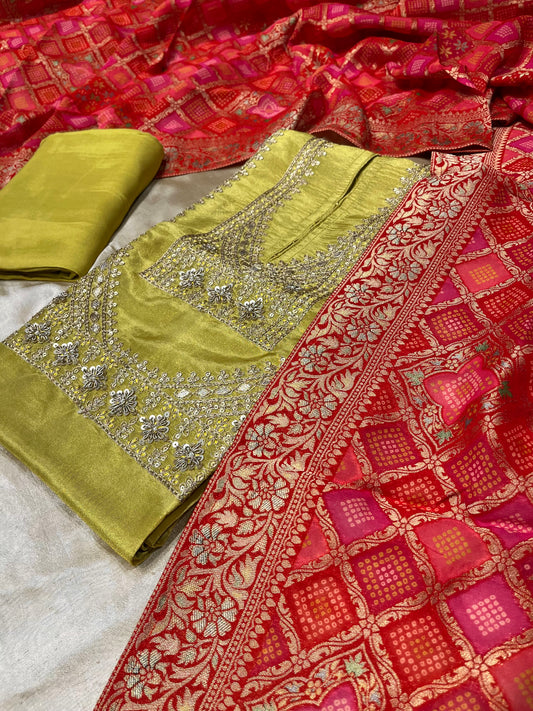 GREEN COLOUR CREPE TISSUE UNSTITCHED SUIT WITH ORGANZA DUPATTA EMBELLISHED WITH ZARDOZI WORK
