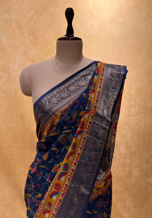 BLUE COLOUR KALAMKARI PRINT DOLA SILK SAREE