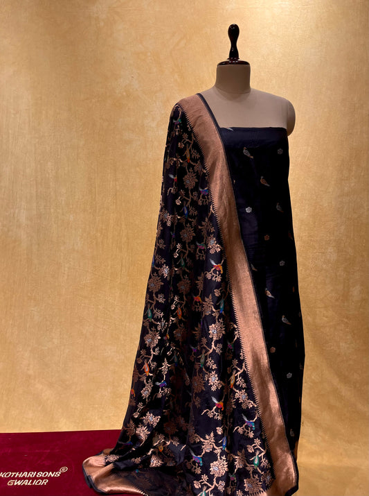 BLUE COLOR PURE KATAN SILK BANARASI UNSTITCHED SUIT MATERIAL EMBELLISHED WITH ZARI WEAVES