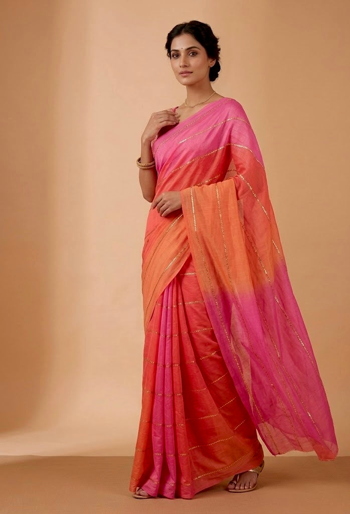 SHADED MUL CHANDERI ZARI STRIPED SAREE WITH BANARASI BLOUSE BY SIDDHAIKA - Kothari Sons
