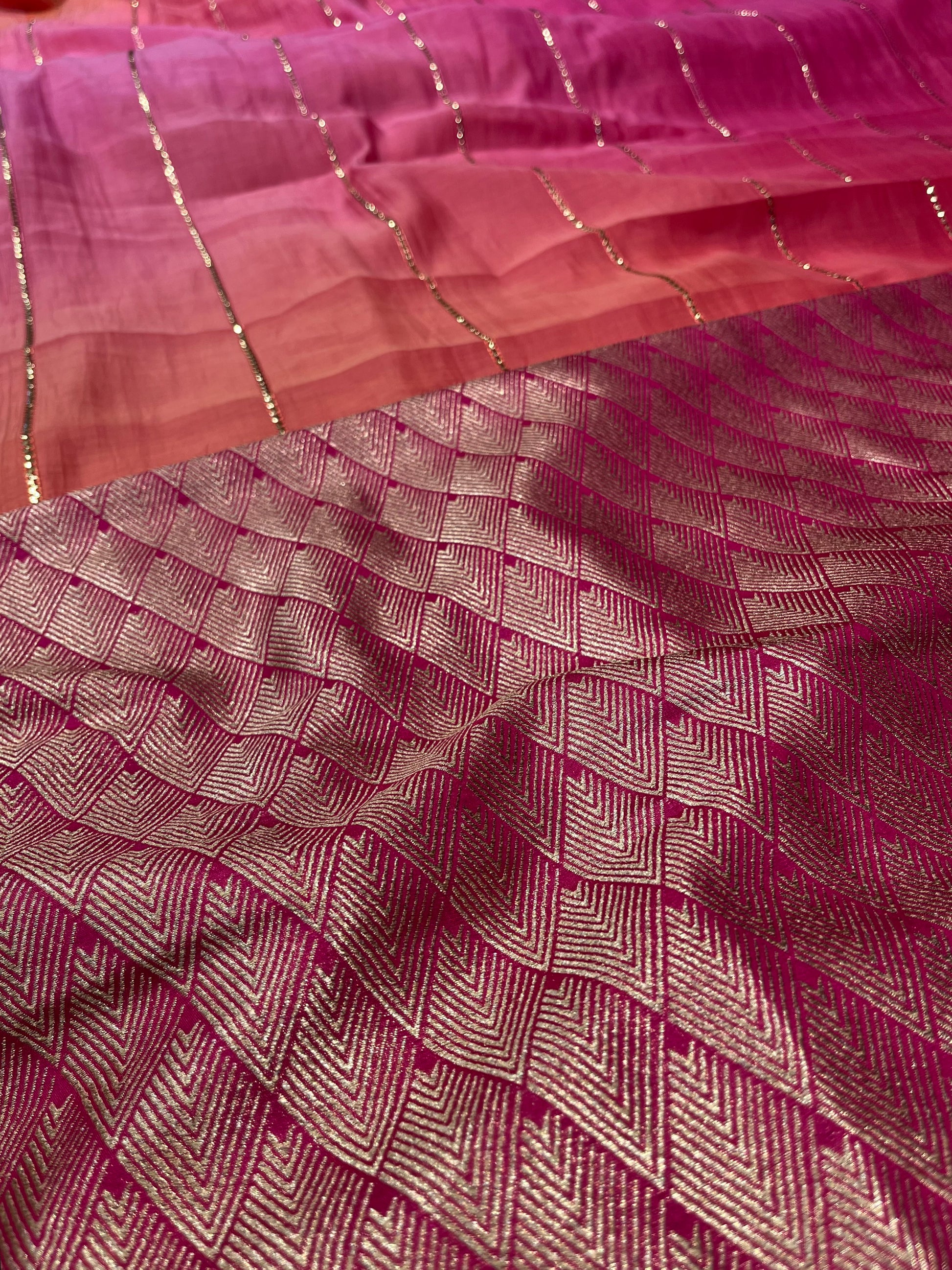 SHADED MUL CHANDERI ZARI STRIPED SAREE WITH BANARASI BLOUSE BY SIDDHAIKA - Kothari Sons