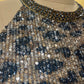 BLUE AND BEIGE COLOUR NET SEQUINS HALTER NECK DRESS