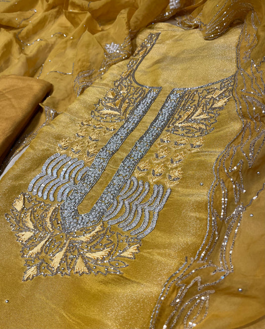 YELLOW COLOUR GEORGETTE TISSUE UNSTITCHED SUIT WITH ORGANZA DUPATTA EMBELLISHED WITH CUTDANA, SEQUINS & PEARL WORK