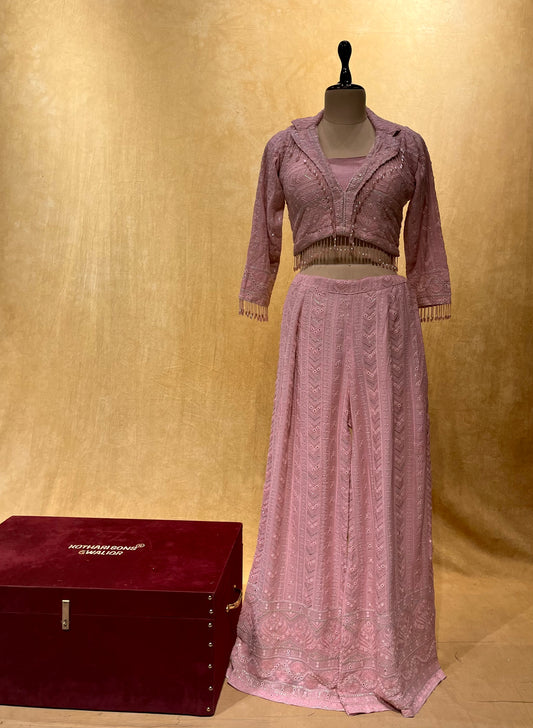 PINK COLOR GEORGETTE CHIKANKARI PALAZZO PANT WITH CROP TOP BLOUSE EMBELLISHED WITH MIRROR FOIL WORK