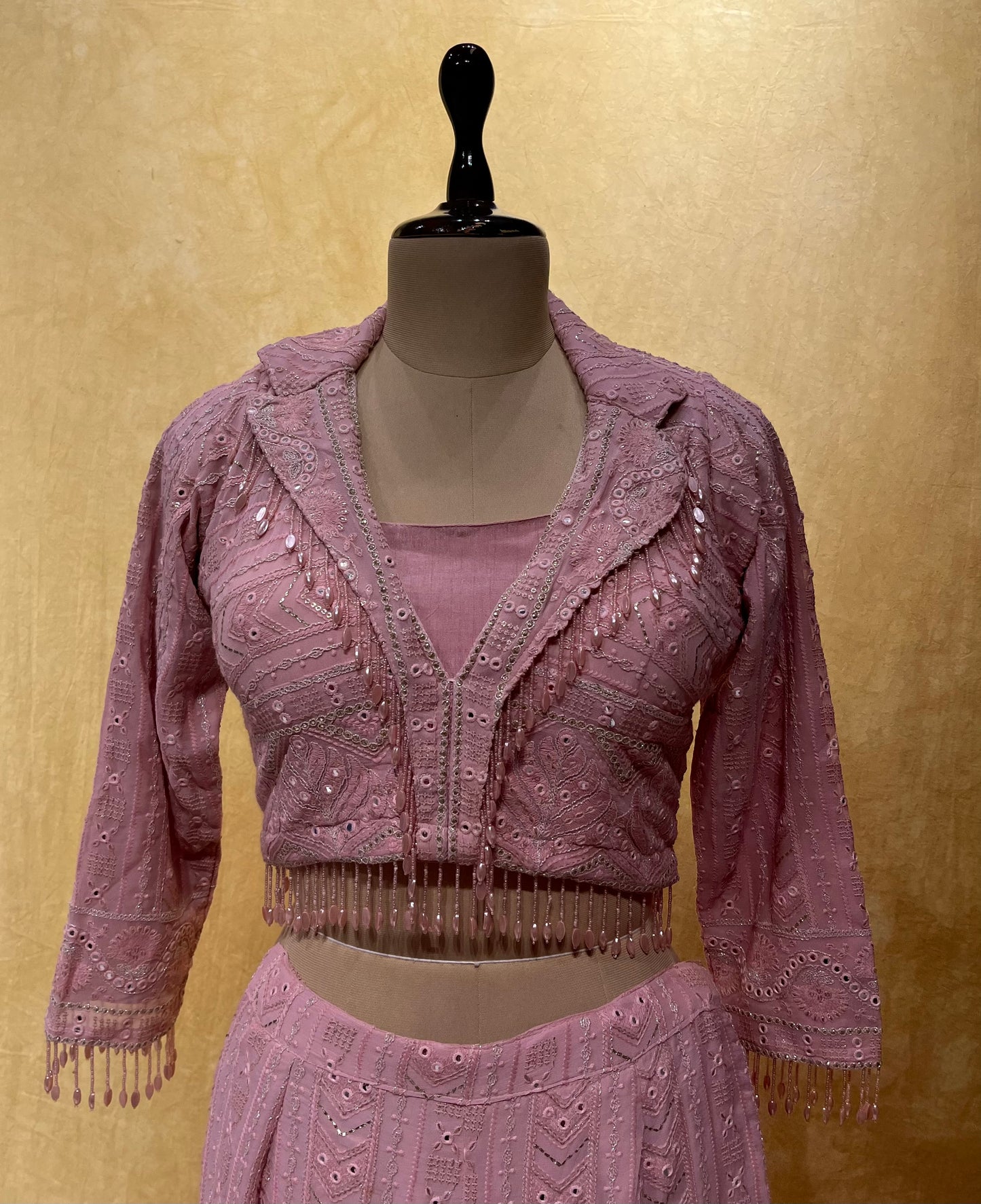 PINK COLOR GEORGETTE CHIKANKARI PALAZZO PANT WITH CROP TOP BLOUSE EMBELLISHED WITH MIRROR FOIL WORK