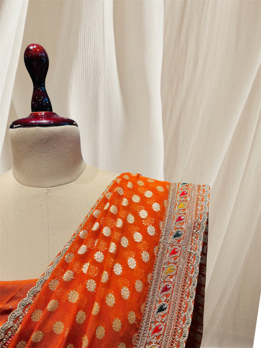 Rust Orange Khaddi Georgette Saree With Dori/ Sequins/ Resham embroidered attach border & silk blose