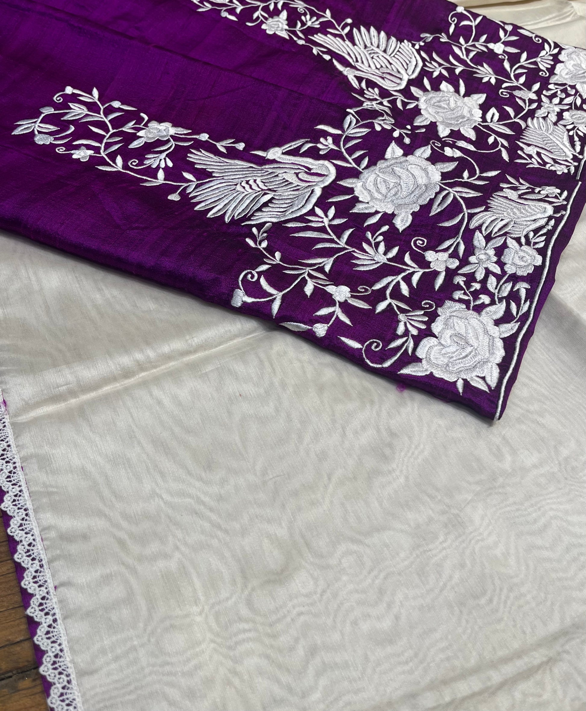 WHITE COLOUR CHANDERI SAREE WITH RAW SILK UNSTITCHED PARSI EMBROIDERED BLOUSE BY SIDDHAIKA - Kothari Sons