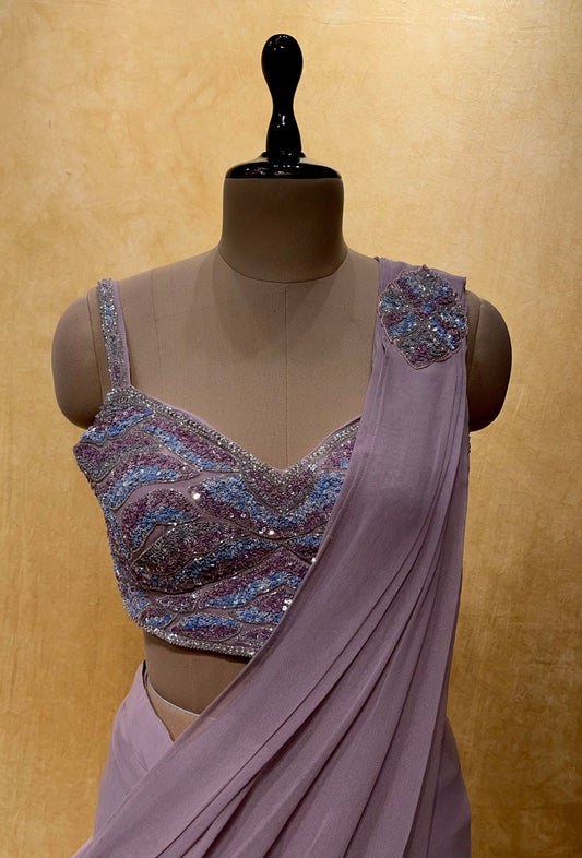 ( DELIVERY IN 25 DAYS ) MAUVE COLOR GEORGETTE READYMADE SAREE WITH EMBROIDERED BLOUSE EMBELLISHED WITH SEQUINS & CUTDANA WORK