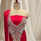 Red colour  satin silk unstitched suit  with zardozi  / pearl / sequines / resham / embroidery and emerald tassels