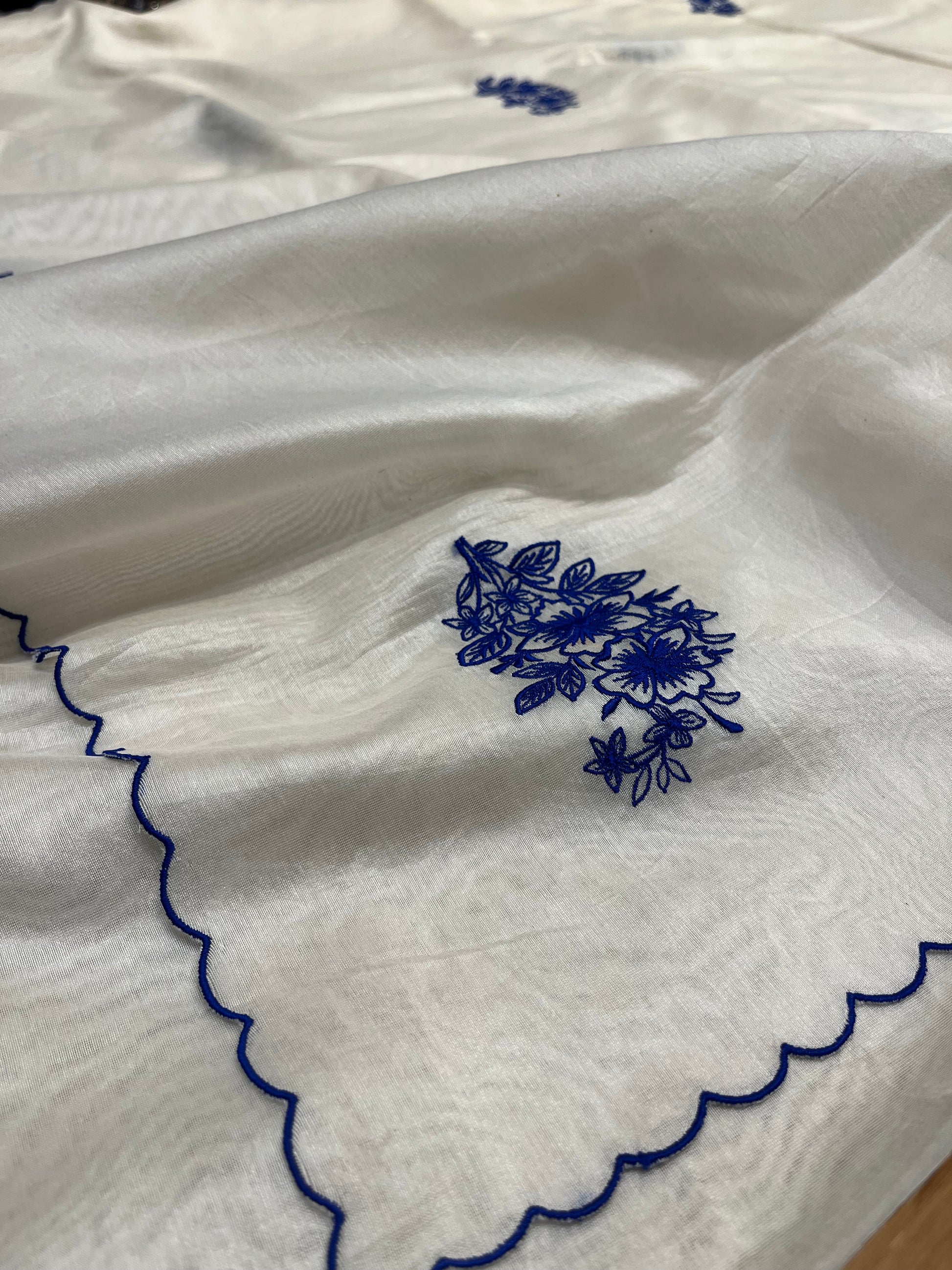 WHITE COLOUR CHANDERI SCALLOP BORDER EMBROIDERED SAREE EMBELLISHED WITH RESHAM EMBROIDERY BY SIDDHAIKA - Kothari Sons