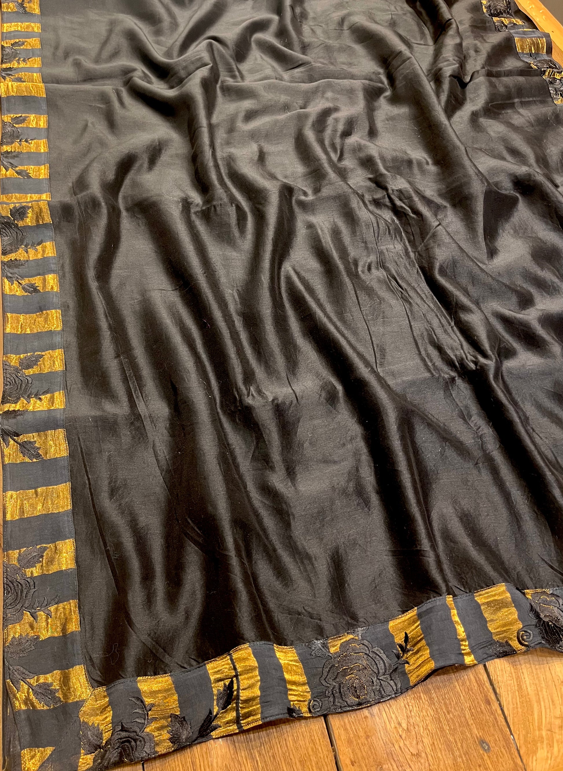 BLACK COLOUR CHANDERI SILK ZARI STRIPES PARSI EMBROIDERED BORDER & UNSTITCHED BLOUSE BY SIDDHAIKA - Kothari Sons