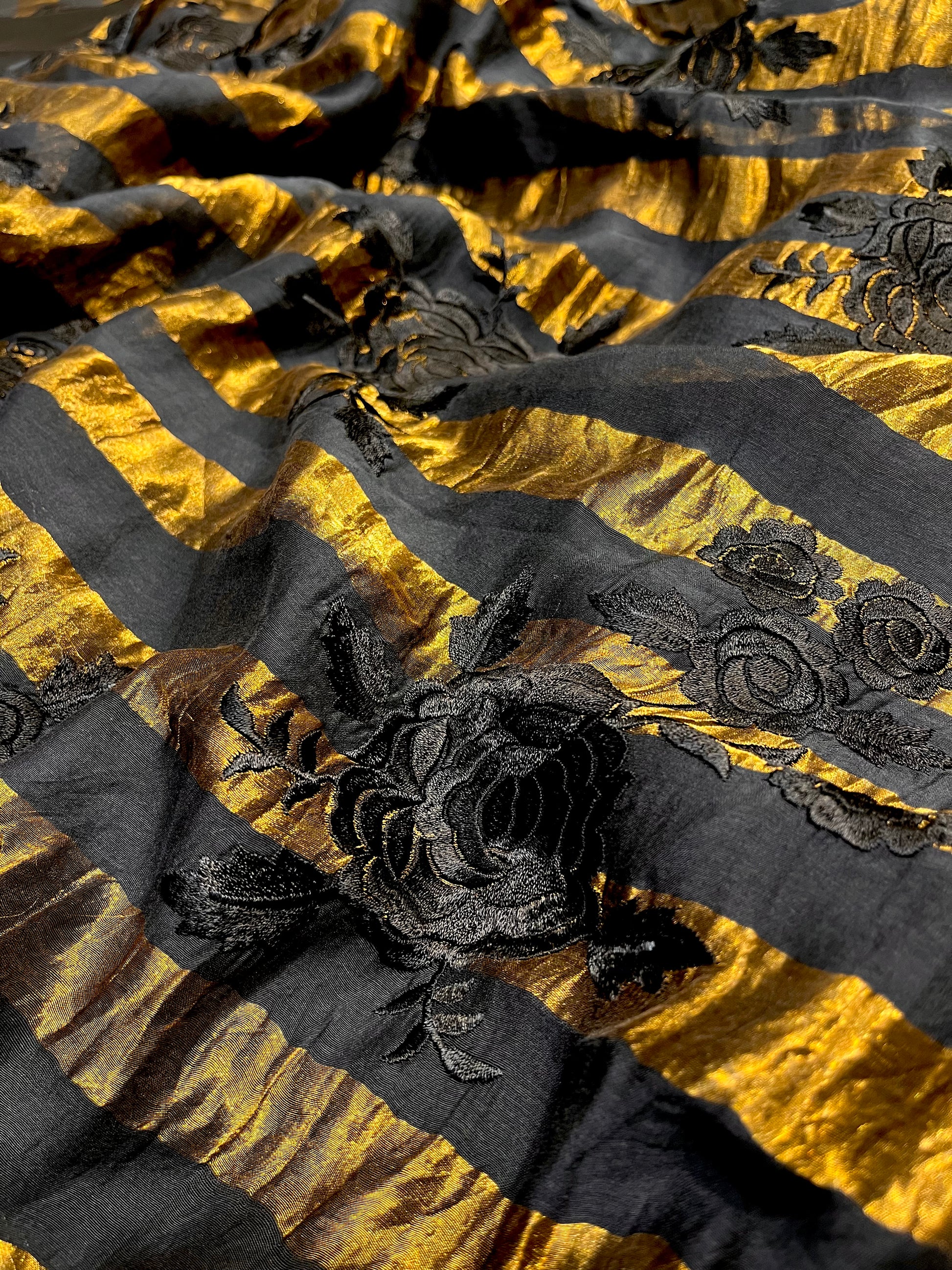BLACK COLOUR CHANDERI SILK ZARI STRIPES PARSI EMBROIDERED BORDER & UNSTITCHED BLOUSE BY SIDDHAIKA - Kothari Sons