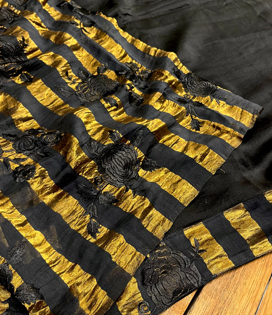 BLACK COLOUR CHANDERI SILK ZARI STRIPES PARSI EMBROIDERED BORDER & UNSTITCHED BLOUSE BY SIDDHAIKA - Kothari Sons