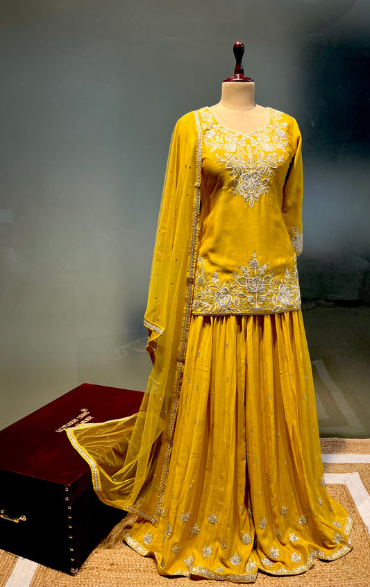 ( DELIVERY IN 25 DAYS ) YELLOW COLOUR CHINON EMBROIDERED SHARARA SUIT WITH NET DUPATTA EMBELLISHED WITH RESHAM & SEQUINS WORK