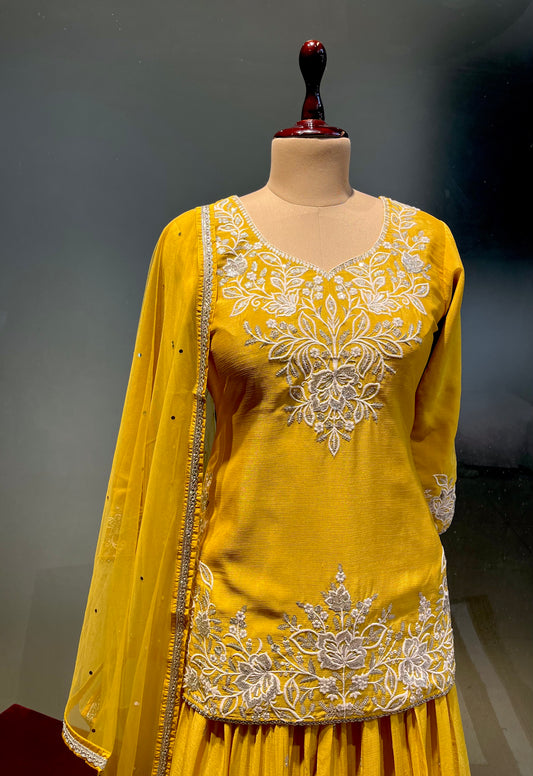 YELLOW COLOUR CHINON EMBROIDERED SHARARA SUIT WITH NET DUPATTA EMBELLISHED WITH RESHAM & SEQUINS WORK
