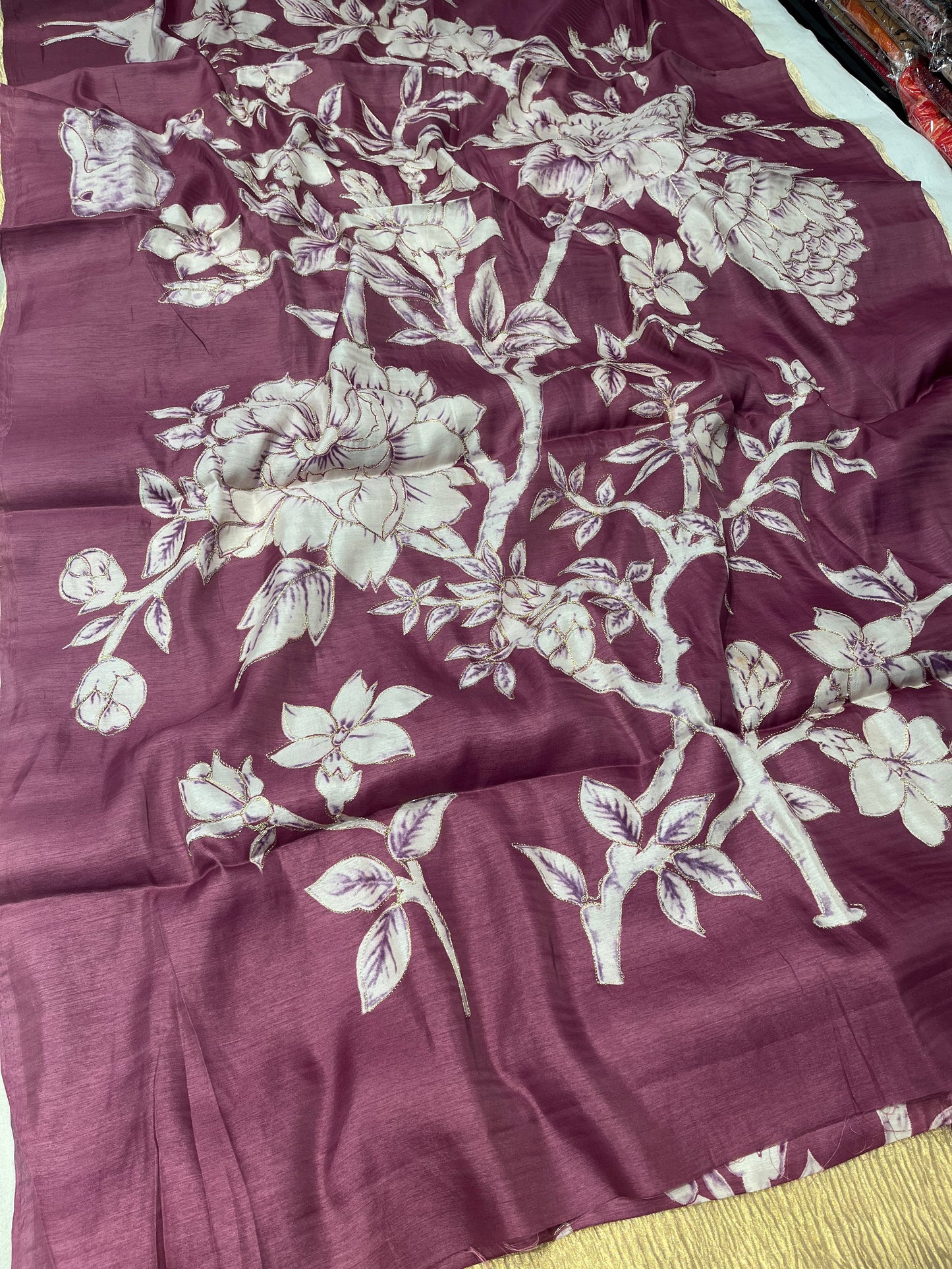 WINE COLOUR ART TUSSAR SILK SAREE EMBELLISHED ZARI KASAB EMBEROIDERY