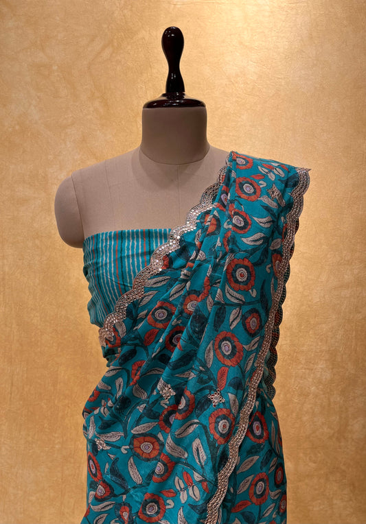 TURQUOISE COLOUR MUSLIN SILK SAREE EMBELLISHED WITH MIRROR FOIL WORK