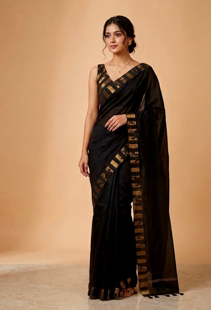 BLACK COLOUR CHANDERI SILK ZARI STRIPES PARSI EMBROIDERED BORDER & UNSTITCHED BLOUSE BY SIDDHAIKA - Kothari Sons