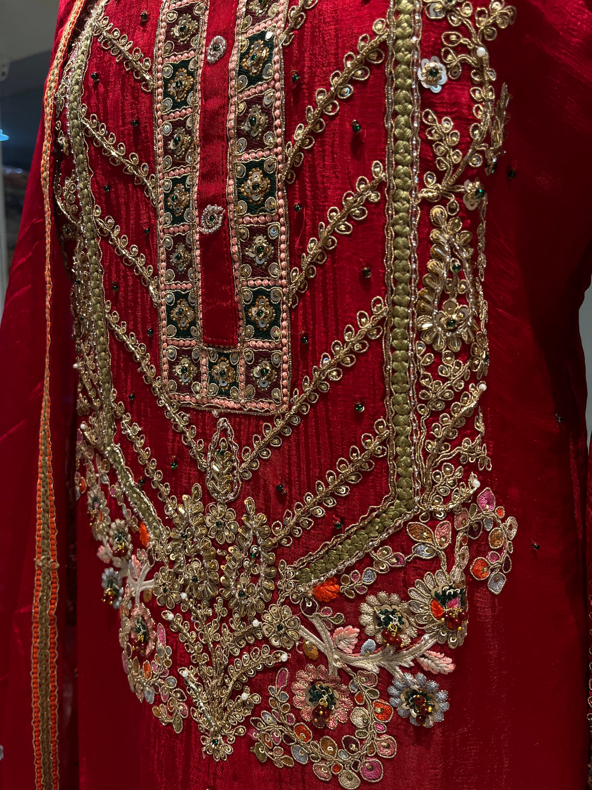RED COLOUR CHINON EMBROIDERED SHARARA SUIT SET EMBELLISHED WITH KASAB & SEQUINS WORK