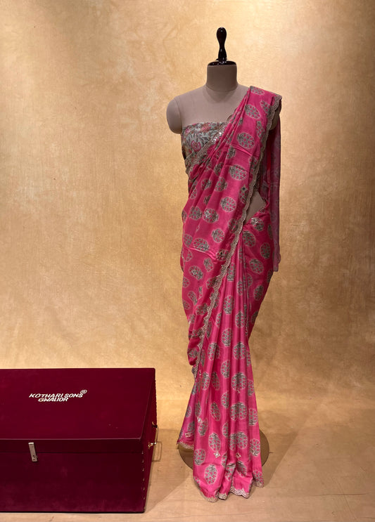 PINK COLOUR MUSLIN SILK SAREE EMBELLISHED WITH MIRROR FOIL WORK