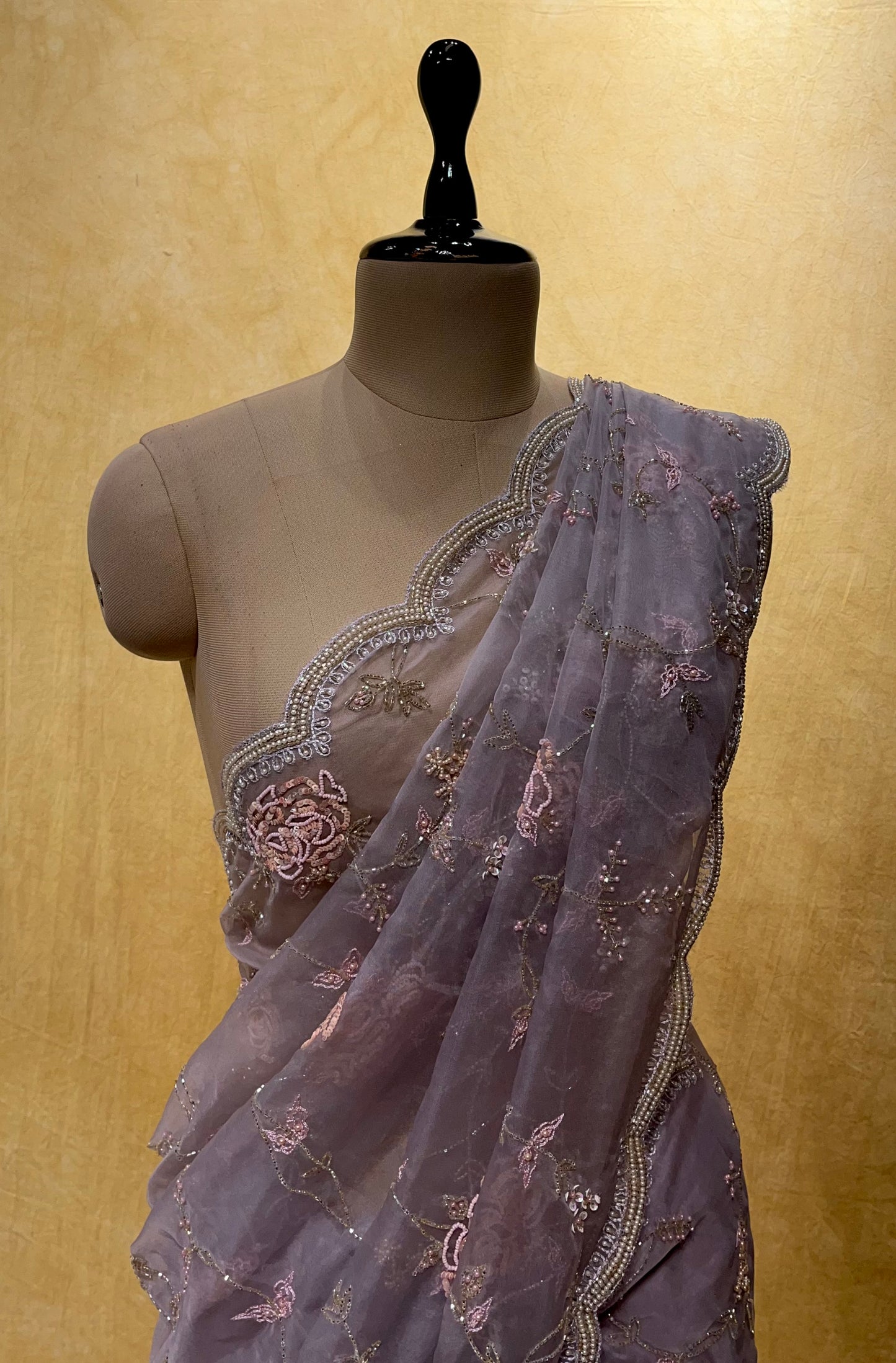 LAVENDER COLOR ORGANZA HAND EMBROIDERED SAREE CUTDANA, SEQUINS & PEARL WORK
