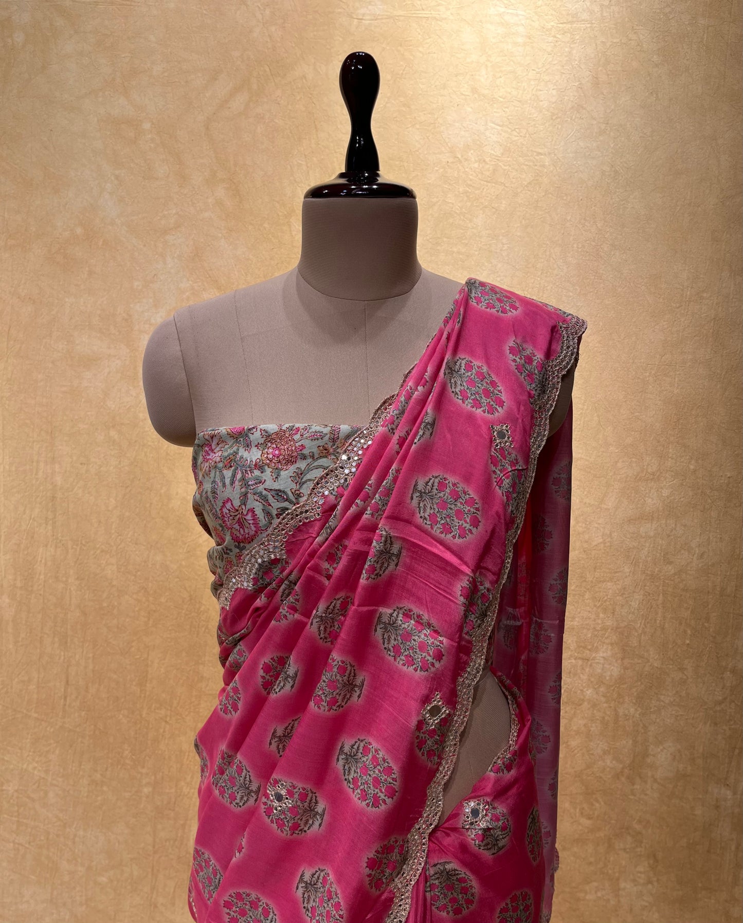 PINK COLOUR MUSLIN SILK SAREE EMBELLISHED WITH MIRROR FOIL WORK