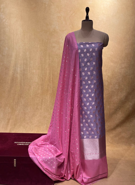 LAVENDER COLOUR PURE BANARASI SILK UNSTITCHED SUIT WITH CONTRAST DUPATTA EMBELLISHED WITH ZARI WEAVES