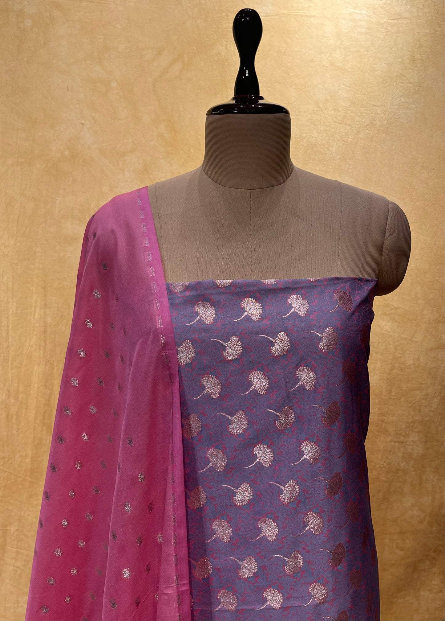 LAVENDER COLOUR PURE BANARASI SILK UNSTITCHED SUIT WITH CONTRAST DUPATTA EMBELLISHED WITH ZARI WEAVES