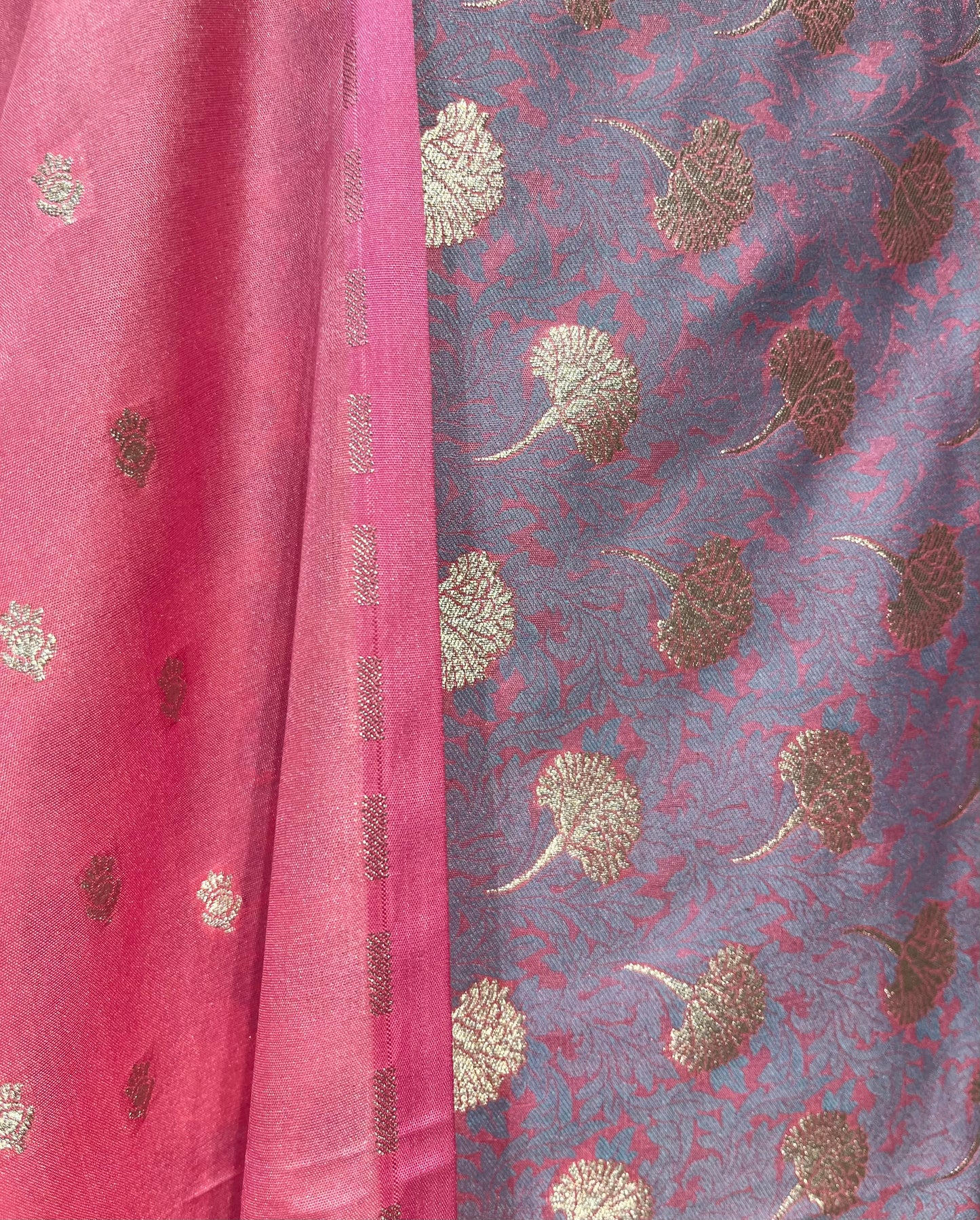 LAVENDER COLOUR PURE BANARASI SILK UNSTITCHED SUIT WITH CONTRAST DUPATTA EMBELLISHED WITH ZARI WEAVES