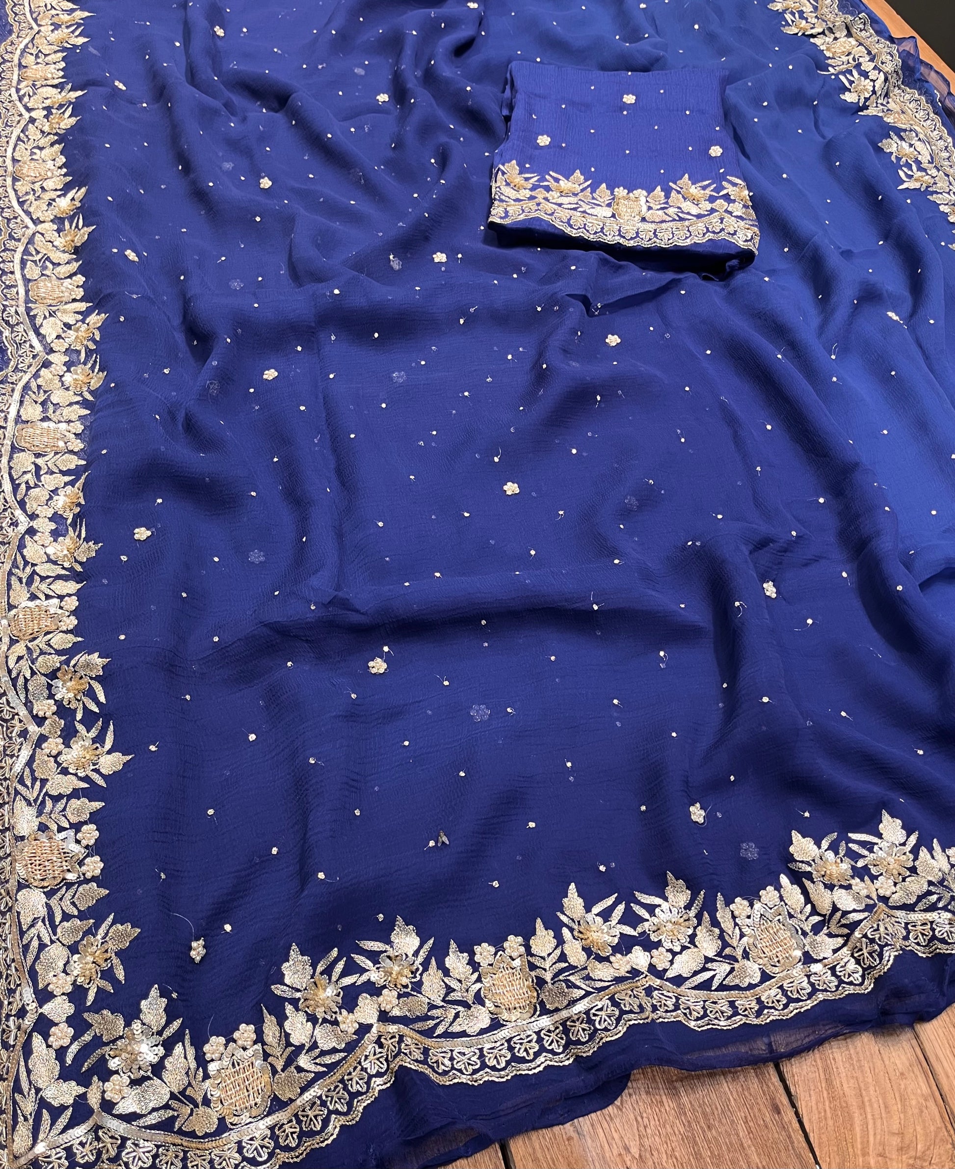 BLUE SHADED CHIFFON HAND EMBROIDERED SAREE WITH CHINON UNSTITCHED BLOUSE EMBELLISHED WITH AARI & SEQUINS WORK ( DELIVERY IN 30 DAYS ) - Kothari Sons