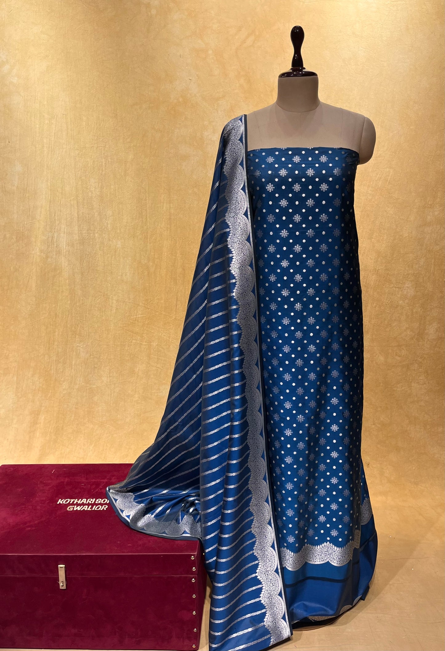 ( DELIVERY IN 25 DAYS ) BLUE COLOR BANARASI PURE SILK UNSTITCHED SUIT EMBELLISHED WITH ZARI WEAVES