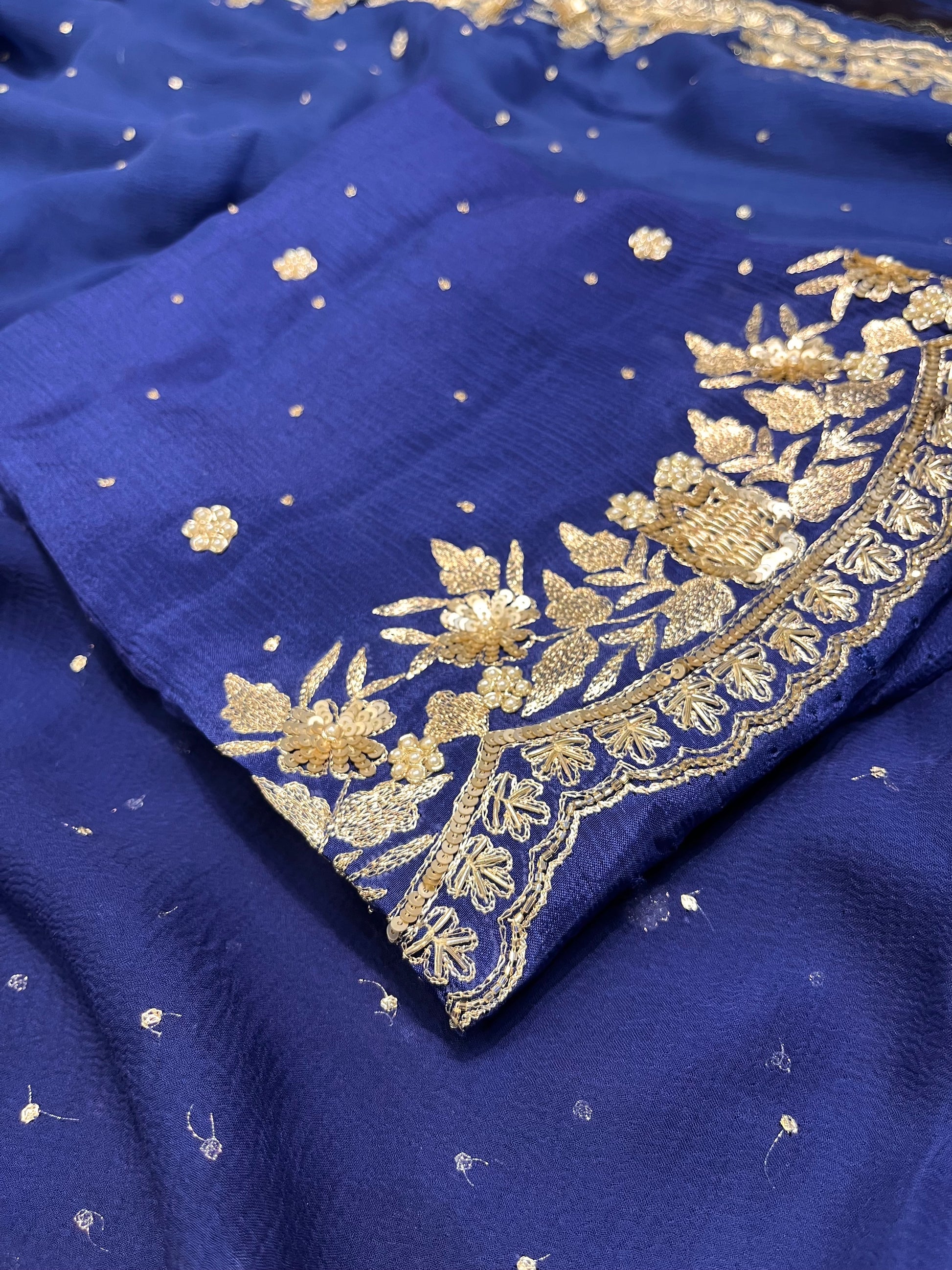 BLUE SHADED CHIFFON HAND EMBROIDERED SAREE WITH CHINON UNSTITCHED BLOUSE EMBELLISHED WITH AARI & SEQUINS WORK ( DELIVERY IN 30 DAYS ) - Kothari Sons