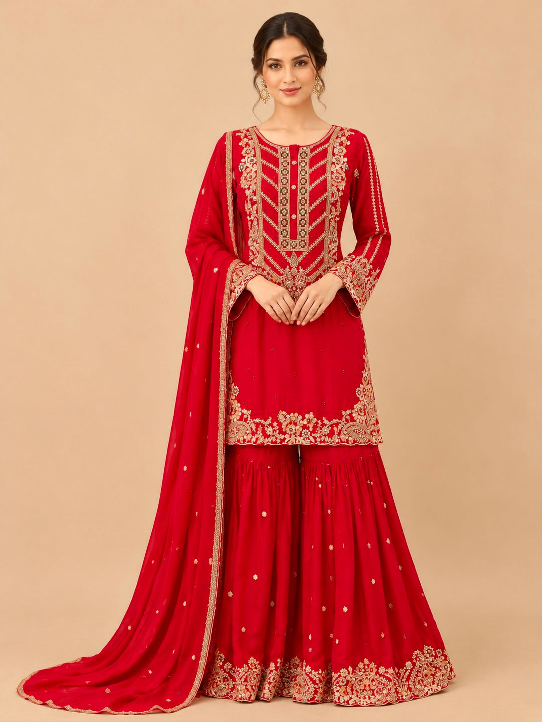RED COLOUR CHINON EMBROIDERED SHARARA SUIT SET EMBELLISHED WITH KASAB & SEQUINS WORK